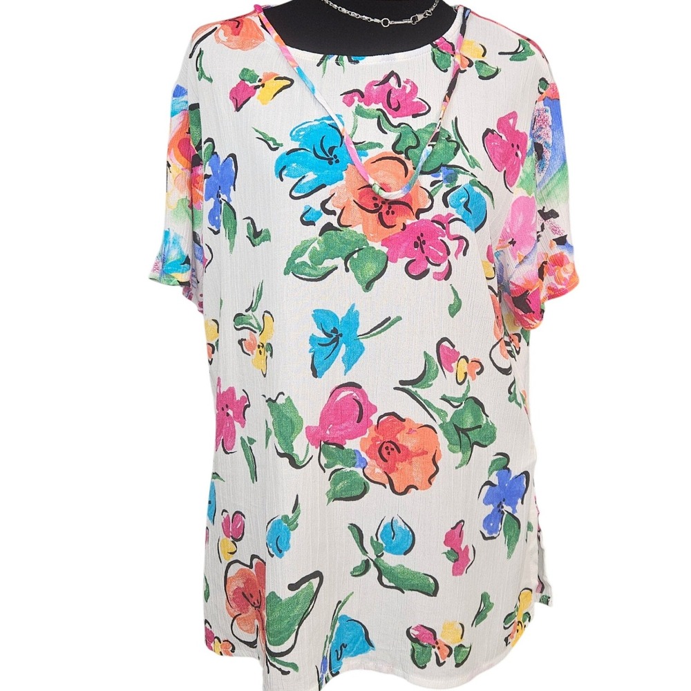 Carole Little Womens Vintage Floral Rayon Blouse Short Sleeve White Multi Sz 10